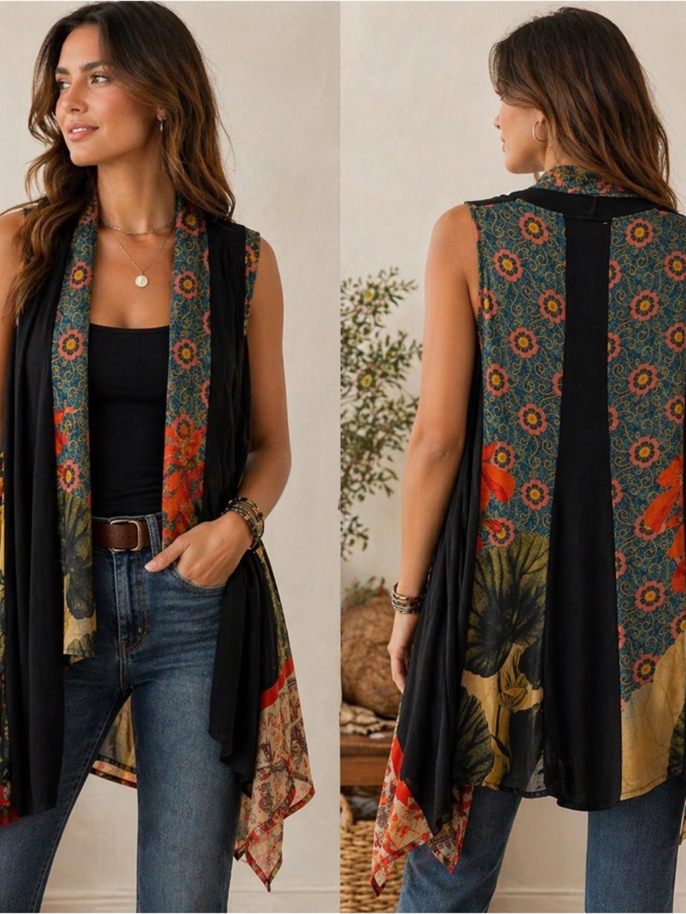 Ania A - Black Sleeveless Floral-Trim Vest with Multicolor Border